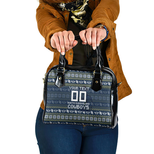 Personalized Cowboys Christmas Shoulder Handbag Australian Rugby Fans - Pixelated Ugly Xmas Pattern Mascot Santa