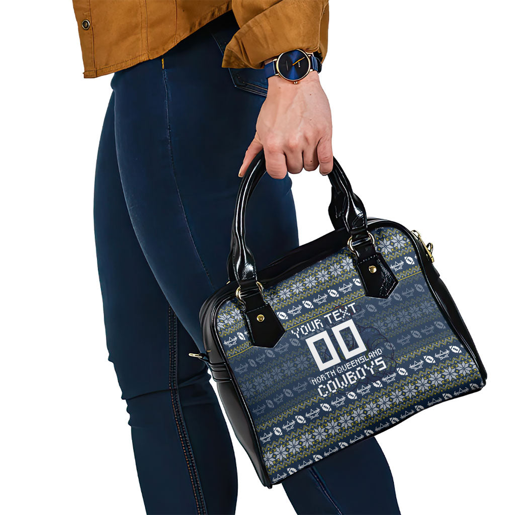 Personalized Cowboys Christmas Shoulder Handbag Australian Rugby Fans - Pixelated Ugly Xmas Pattern Mascot Santa