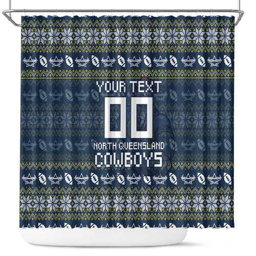 Personalized Cowboys Christmas Shower Curtain Australian Rugby Fans - Pixelated Ugly Xmas Pattern Mascot Santa