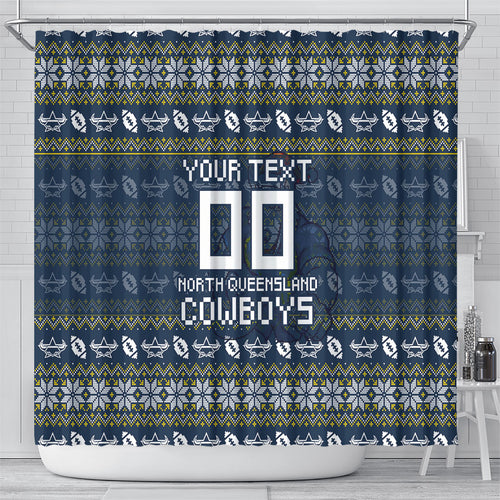 Personalized Cowboys Christmas Shower Curtain Australian Rugby Fans - Pixelated Ugly Xmas Pattern Mascot Santa