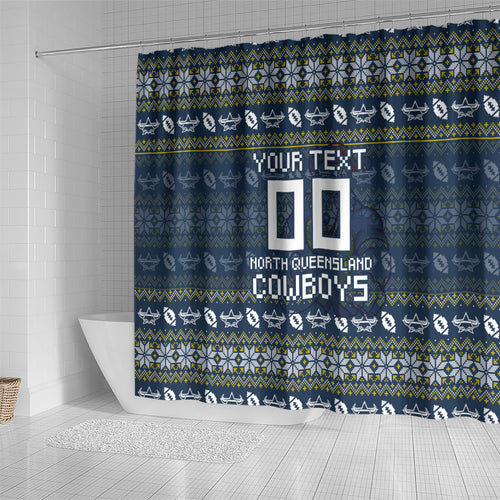 Personalized Cowboys Christmas Shower Curtain Australian Rugby Fans - Pixelated Ugly Xmas Pattern Mascot Santa