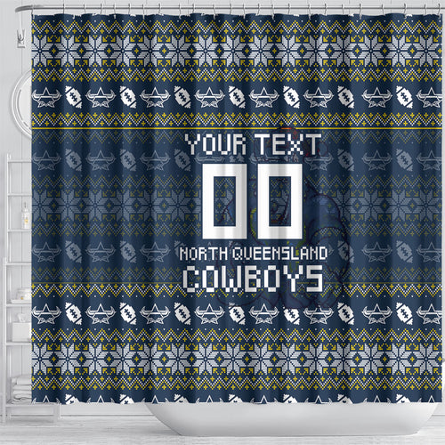 Personalized Cowboys Christmas Shower Curtain Australian Rugby Fans - Pixelated Ugly Xmas Pattern Mascot Santa