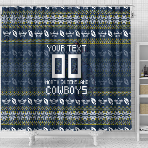 Personalized Cowboys Christmas Shower Curtain Australian Rugby Fans - Pixelated Ugly Xmas Pattern Mascot Santa