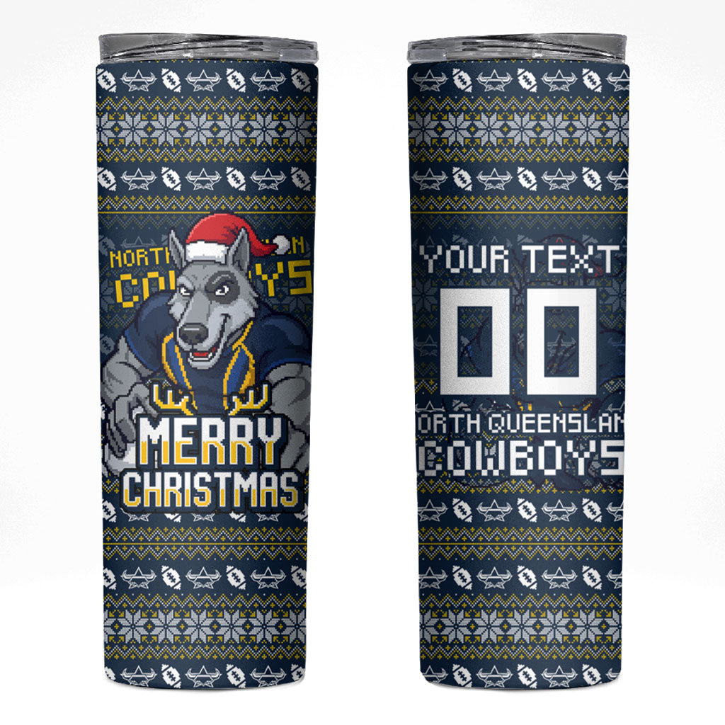 Personalized Cowboys Christmas Skinny Tumbler Australian Rugby Fans - Pixelated Ugly Xmas Pattern Mascot Santa
