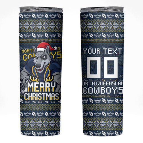 Personalized Cowboys Christmas Skinny Tumbler Australian Rugby Fans - Pixelated Ugly Xmas Pattern Mascot Santa