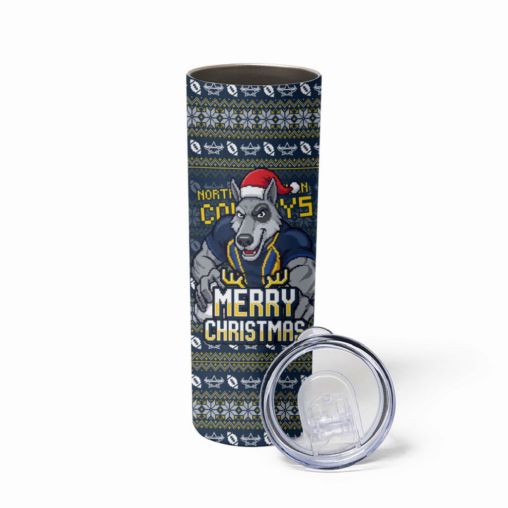 Personalized Cowboys Christmas Skinny Tumbler Australian Rugby Fans - Pixelated Ugly Xmas Pattern Mascot Santa