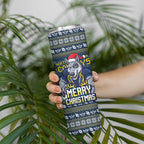 Personalized Cowboys Christmas Skinny Tumbler Australian Rugby Fans - Pixelated Ugly Xmas Pattern Mascot Santa