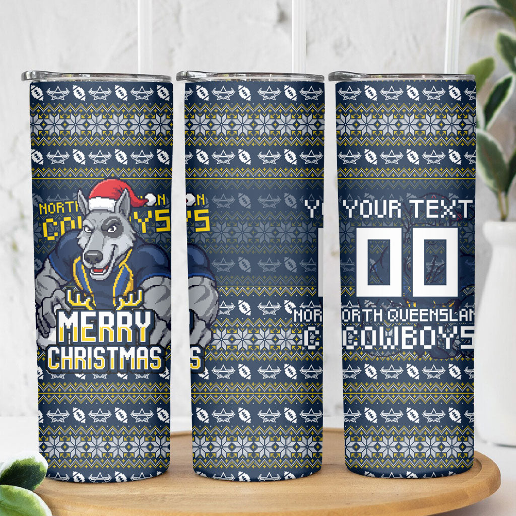 Personalized Cowboys Christmas Skinny Tumbler Australian Rugby Fans - Pixelated Ugly Xmas Pattern Mascot Santa