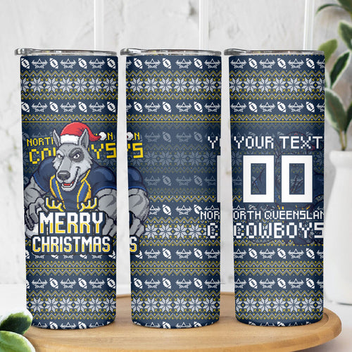 Personalized Cowboys Christmas Skinny Tumbler Australian Rugby Fans - Pixelated Ugly Xmas Pattern Mascot Santa