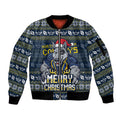 Personalized Cowboys Christmas Sleeve Zip Bomber Jacket Australian Rugby Fans - Pixelated Ugly Xmas Pattern Mascot Santa