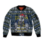 Personalized Cowboys Christmas Sleeve Zip Bomber Jacket Australian Rugby Fans - Pixelated Ugly Xmas Pattern Mascot Santa