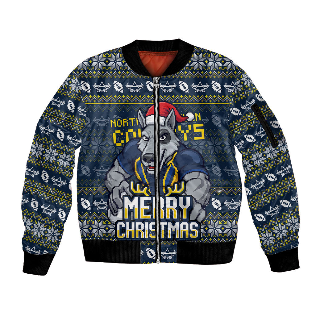 Personalized Cowboys Christmas Sleeve Zip Bomber Jacket Australian Rugby Fans - Pixelated Ugly Xmas Pattern Mascot Santa