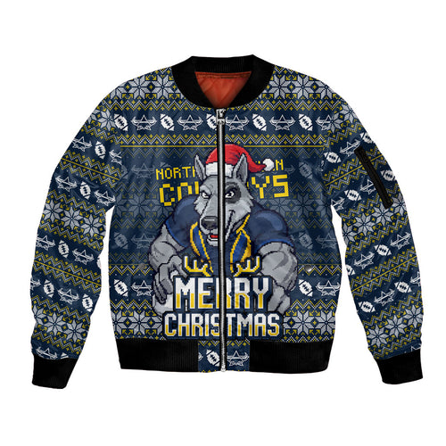 Personalized Cowboys Christmas Sleeve Zip Bomber Jacket Australian Rugby Fans - Pixelated Ugly Xmas Pattern Mascot Santa