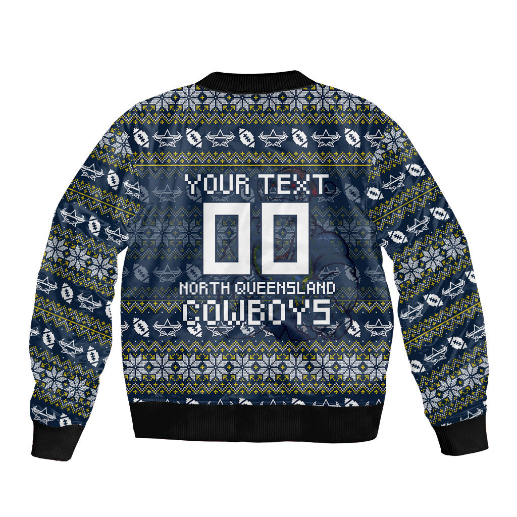Personalized Cowboys Christmas Sleeve Zip Bomber Jacket Australian Rugby Fans - Pixelated Ugly Xmas Pattern Mascot Santa