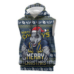 Personalized Cowboys Christmas Sleeveless Hoodie Australian Rugby Fans - Pixelated Ugly Xmas Pattern Mascot Santa