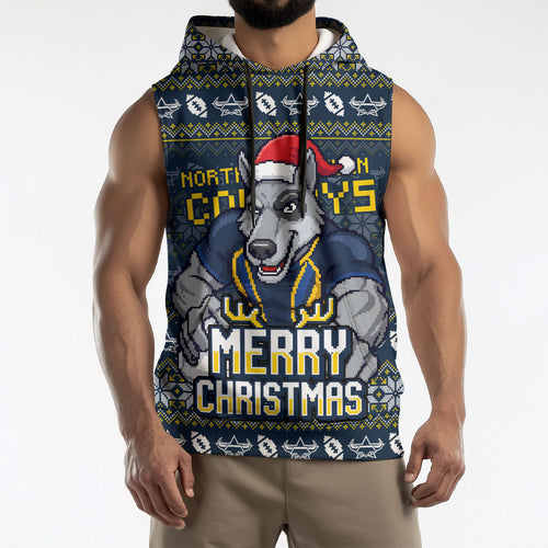 Personalized Cowboys Christmas Sleeveless Hoodie Australian Rugby Fans - Pixelated Ugly Xmas Pattern Mascot Santa