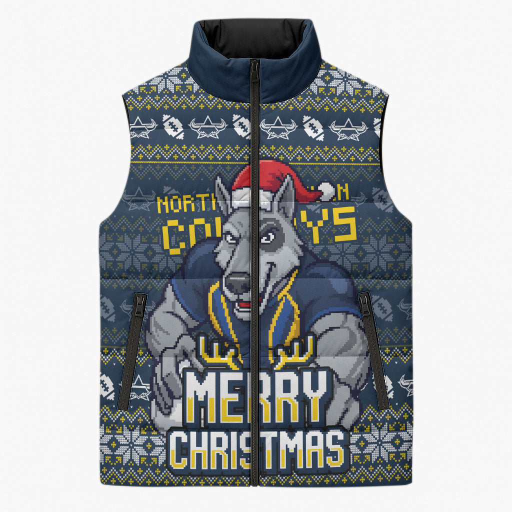 Personalized Cowboys Christmas Sleeveless Puffer Jacket Australian Rugby Fans - Pixelated Ugly Xmas Pattern Mascot Santa