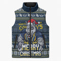 Personalized Cowboys Christmas Sleeveless Puffer Jacket Australian Rugby Fans - Pixelated Ugly Xmas Pattern Mascot Santa