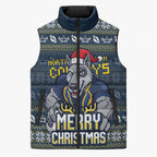 Personalized Cowboys Christmas Sleeveless Puffer Jacket Australian Rugby Fans - Pixelated Ugly Xmas Pattern Mascot Santa
