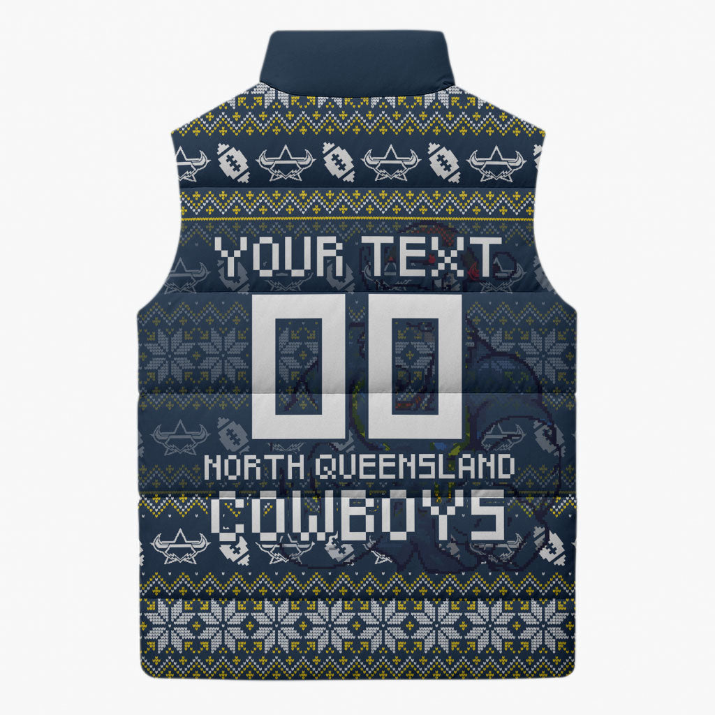Personalized Cowboys Christmas Sleeveless Puffer Jacket Australian Rugby Fans - Pixelated Ugly Xmas Pattern Mascot Santa