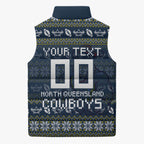 Personalized Cowboys Christmas Sleeveless Puffer Jacket Australian Rugby Fans - Pixelated Ugly Xmas Pattern Mascot Santa