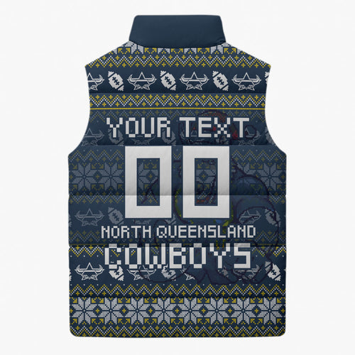 Personalized Cowboys Christmas Sleeveless Puffer Jacket Australian Rugby Fans - Pixelated Ugly Xmas Pattern Mascot Santa