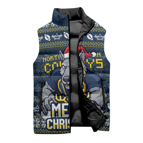 Personalized Cowboys Christmas Sleeveless Puffer Jacket Australian Rugby Fans - Pixelated Ugly Xmas Pattern Mascot Santa