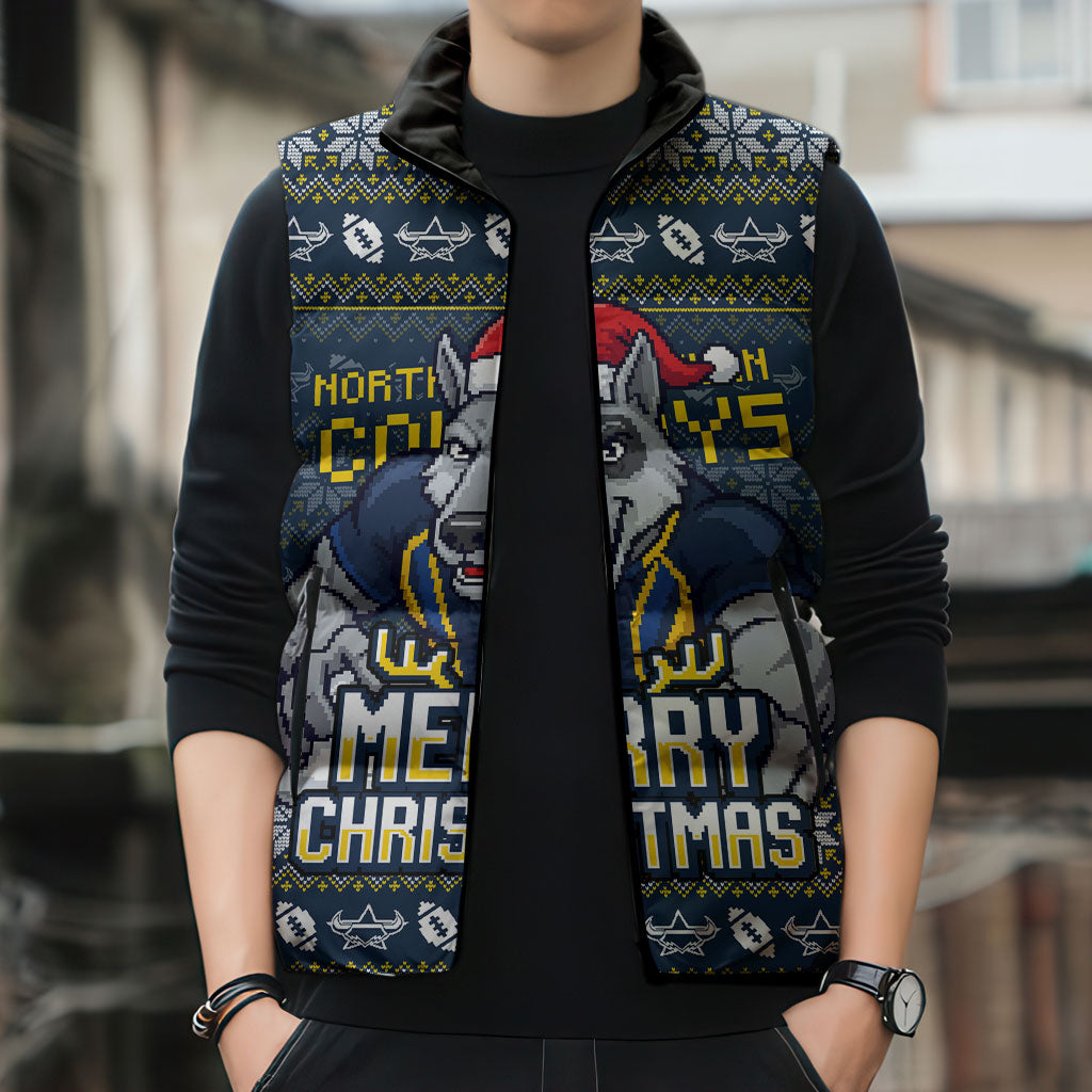 Personalized Cowboys Christmas Sleeveless Puffer Jacket Australian Rugby Fans - Pixelated Ugly Xmas Pattern Mascot Santa
