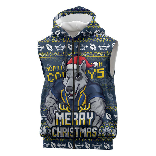 Personalized Cowboys Christmas Sleeveless Zip Hoodie Australian Rugby Fans - Pixelated Ugly Xmas Pattern Mascot Santa