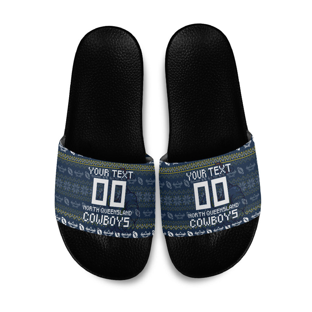 Personalized Cowboys Christmas Slide Sandals Australian Rugby Fans - Pixelated Ugly Xmas Pattern Mascot Santa