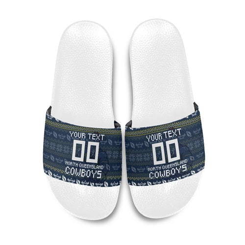Personalized Cowboys Christmas Slide Sandals Australian Rugby Fans - Pixelated Ugly Xmas Pattern Mascot Santa