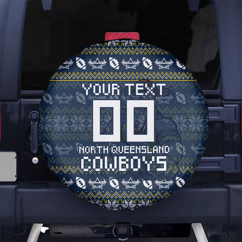 Personalized Cowboys Christmas Spare Tire Cover Australian Rugby Fans - Pixelated Ugly Xmas Pattern Mascot Santa