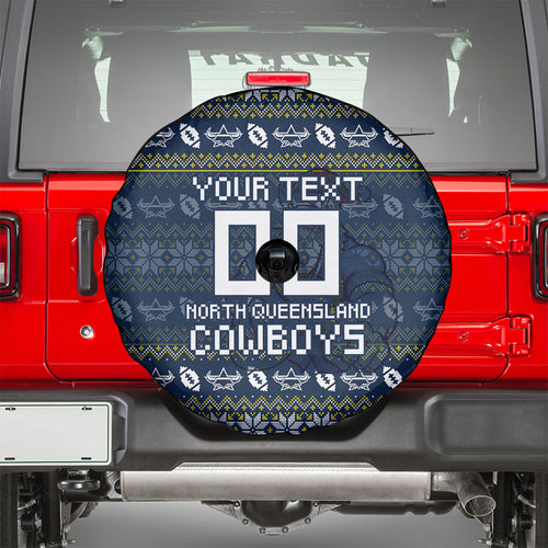 Personalized Cowboys Christmas Spare Tire Cover Australian Rugby Fans - Pixelated Ugly Xmas Pattern Mascot Santa