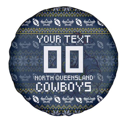 Personalized Cowboys Christmas Spare Tire Cover Australian Rugby Fans - Pixelated Ugly Xmas Pattern Mascot Santa