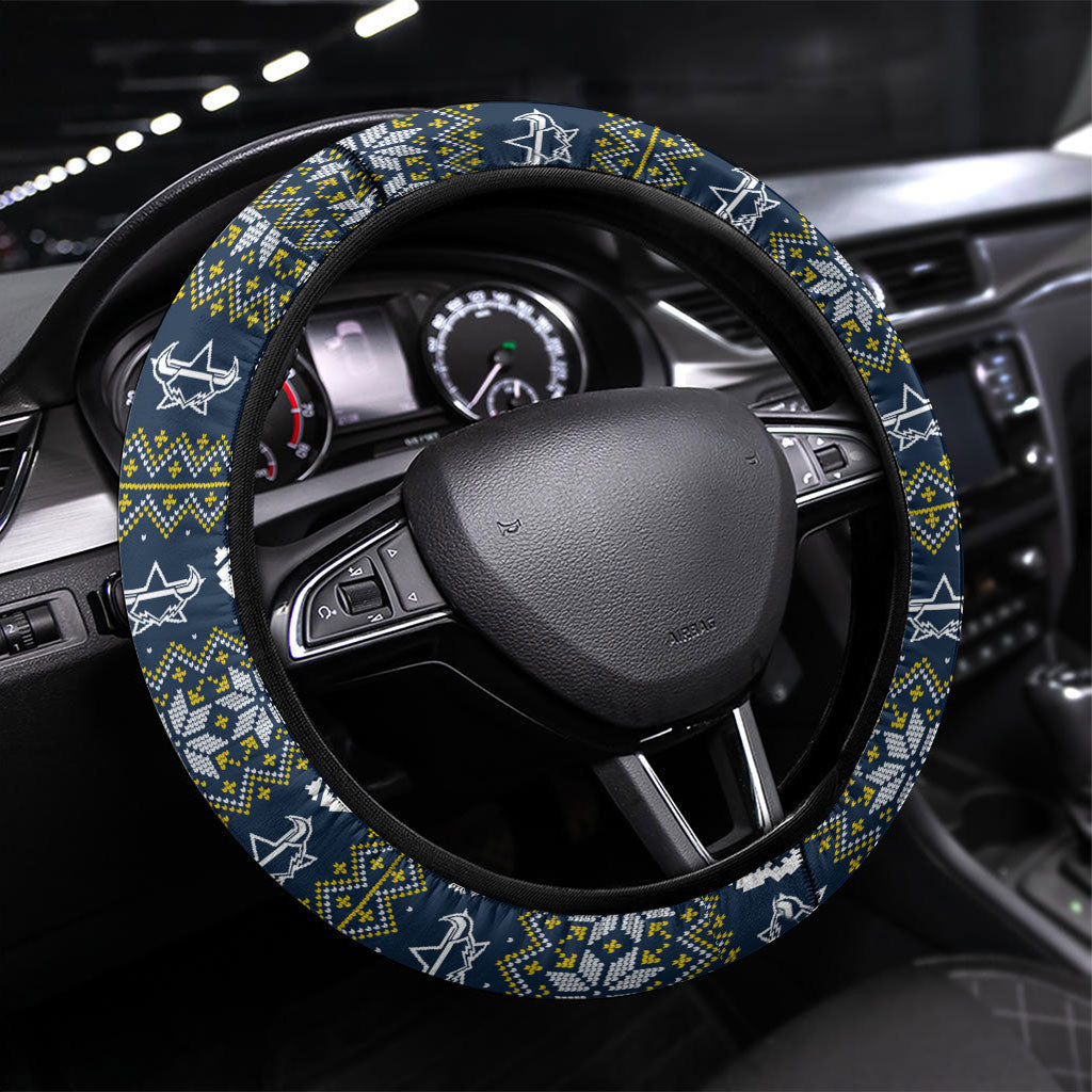 Cowboys Christmas Steering Wheel Cover Australian Rugby Fans - Pixelated Ugly Xmas Pattern Mascot Santa