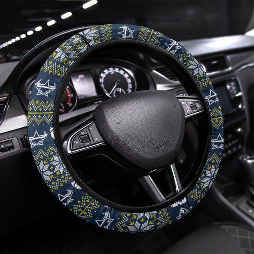Cowboys Christmas Steering Wheel Cover Australian Rugby Fans - Pixelated Ugly Xmas Pattern Mascot Santa