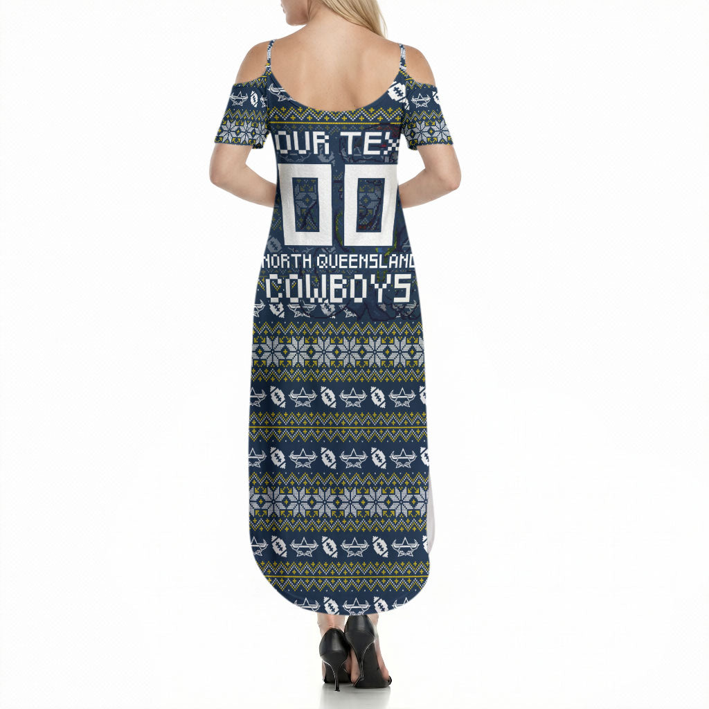 Personalized Cowboys Christmas Summer Maxi Dress Australian Rugby Fans - Pixelated Ugly Xmas Pattern Mascot Santa