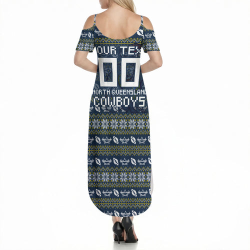 Personalized Cowboys Christmas Summer Maxi Dress Australian Rugby Fans - Pixelated Ugly Xmas Pattern Mascot Santa