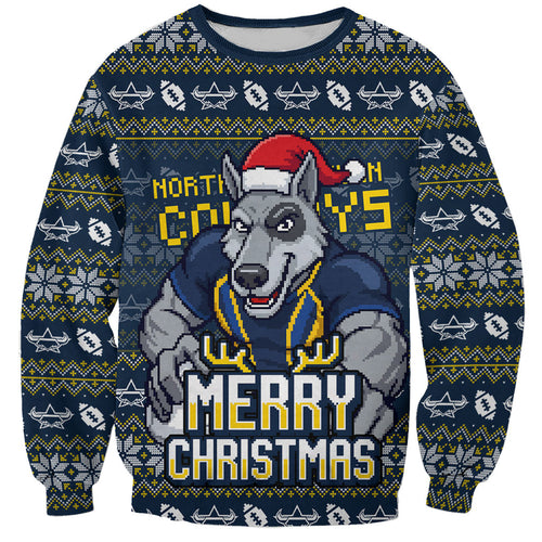 Personalized Cowboys Christmas Sweatshirt Australian Rugby Fans - Pixelated Ugly Xmas Pattern Mascot Santa