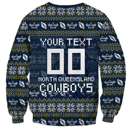 Personalized Cowboys Christmas Sweatshirt Australian Rugby Fans - Pixelated Ugly Xmas Pattern Mascot Santa