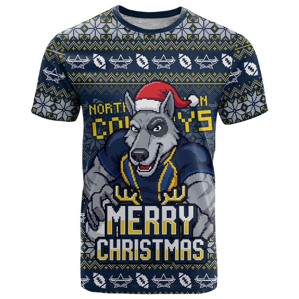 Personalized Cowboys Christmas T Shirt Australian Rugby Fans - Pixelated Ugly Xmas Pattern Mascot Santa