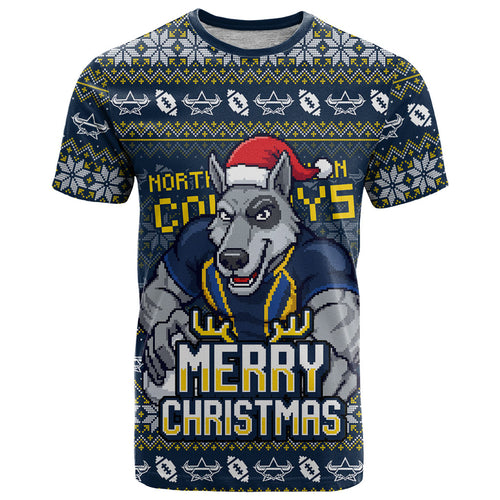 Personalized Cowboys Christmas T Shirt Australian Rugby Fans - Pixelated Ugly Xmas Pattern Mascot Santa