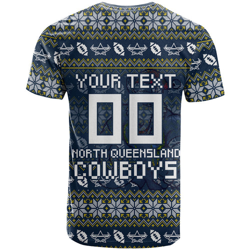 Personalized Cowboys Christmas T Shirt Australian Rugby Fans - Pixelated Ugly Xmas Pattern Mascot Santa