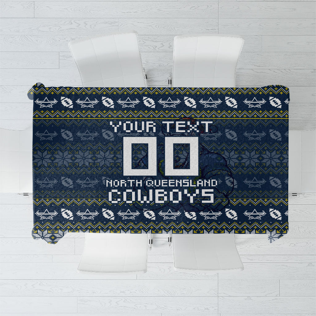 Personalized Cowboys Christmas Tablecloth Australian Rugby Fans - Pixelated Ugly Xmas Pattern Mascot Santa