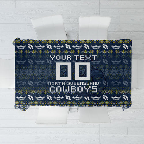 Personalized Cowboys Christmas Tablecloth Australian Rugby Fans - Pixelated Ugly Xmas Pattern Mascot Santa
