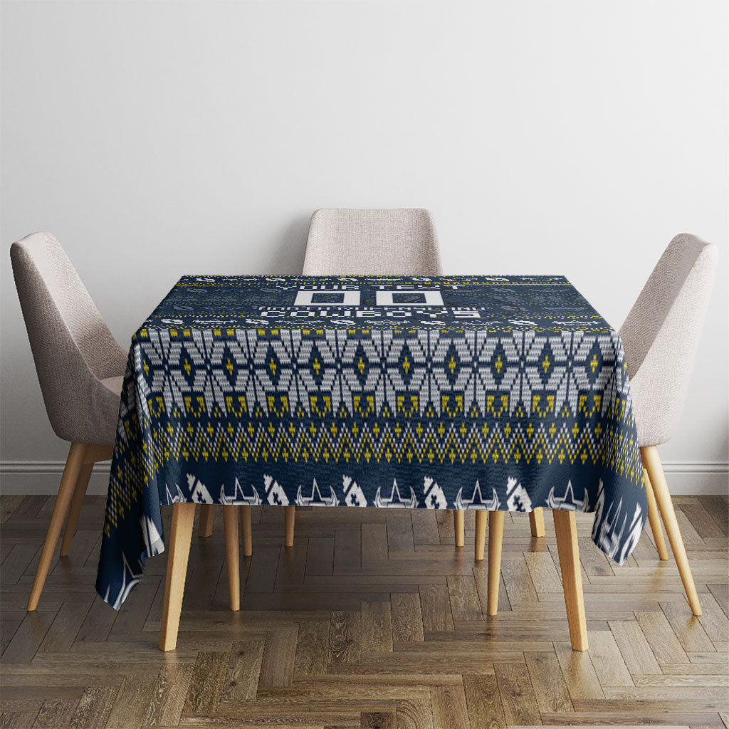 Personalized Cowboys Christmas Tablecloth Australian Rugby Fans - Pixelated Ugly Xmas Pattern Mascot Santa
