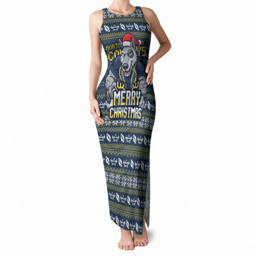 Personalized Cowboys Christmas Tank Maxi Dress Australian Rugby Fans - Pixelated Ugly Xmas Pattern Mascot Santa