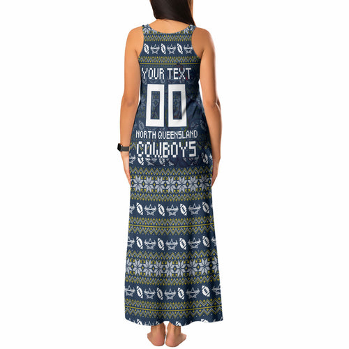 Personalized Cowboys Christmas Tank Maxi Dress Australian Rugby Fans - Pixelated Ugly Xmas Pattern Mascot Santa