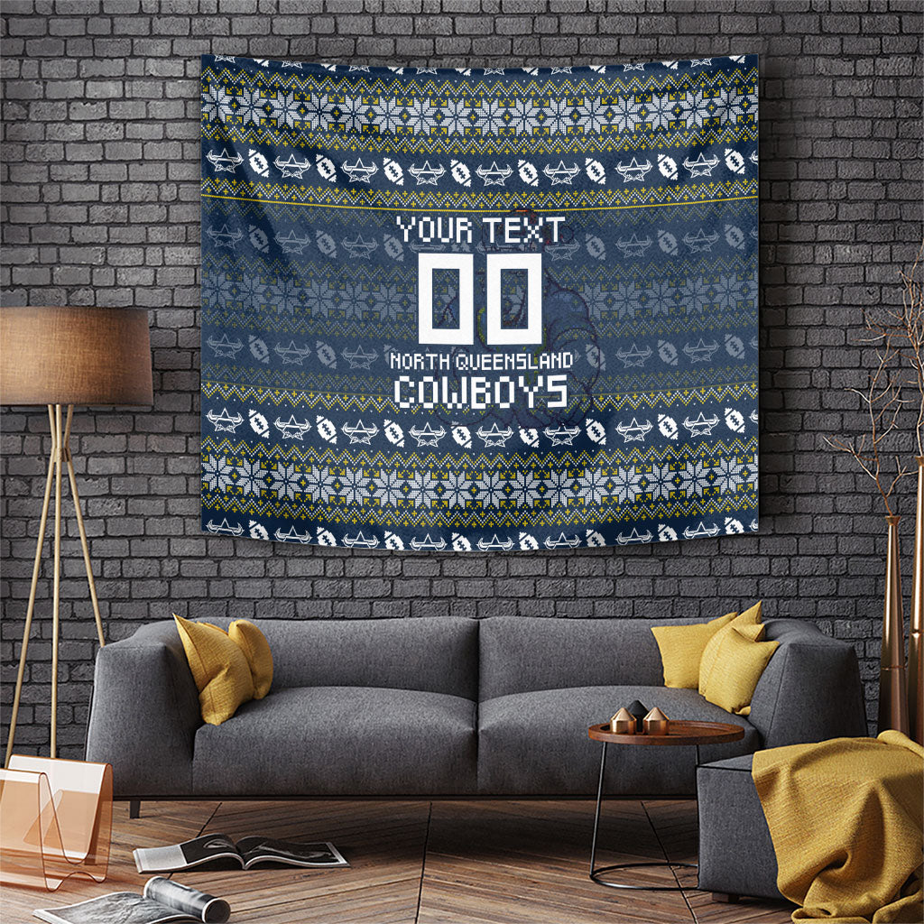 Personalized Cowboys Christmas Tapestry Australian Rugby Fans - Pixelated Ugly Xmas Pattern Mascot Santa