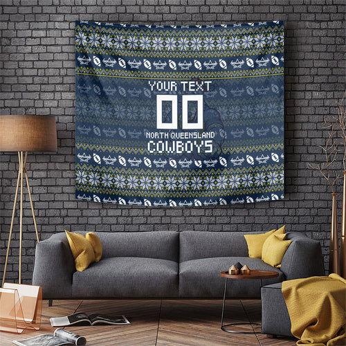 Personalized Cowboys Christmas Tapestry Australian Rugby Fans - Pixelated Ugly Xmas Pattern Mascot Santa